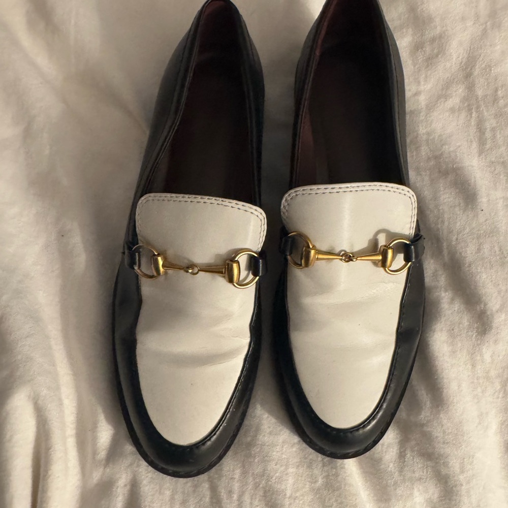 Franco Sarto Black and White Loafers with Gold Detail